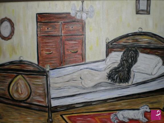 quadri in vendita online - Donna nuda di spalle sul letto