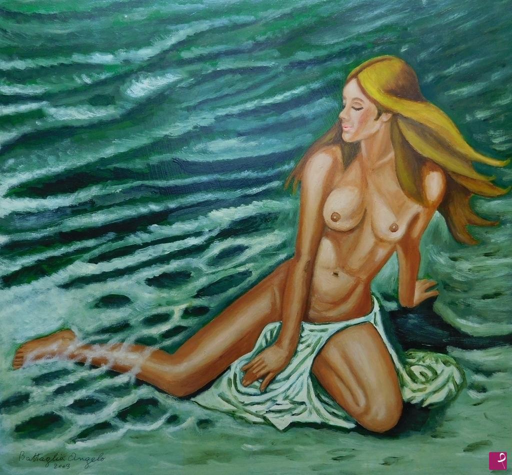 venduto quadro - Donna nuda in riva al mare - Angelo Battaglia |  PitturiAmo® APS