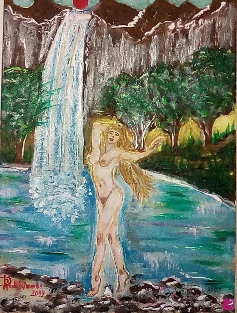 quadri in vendita online - donna nuda sotto una cascata