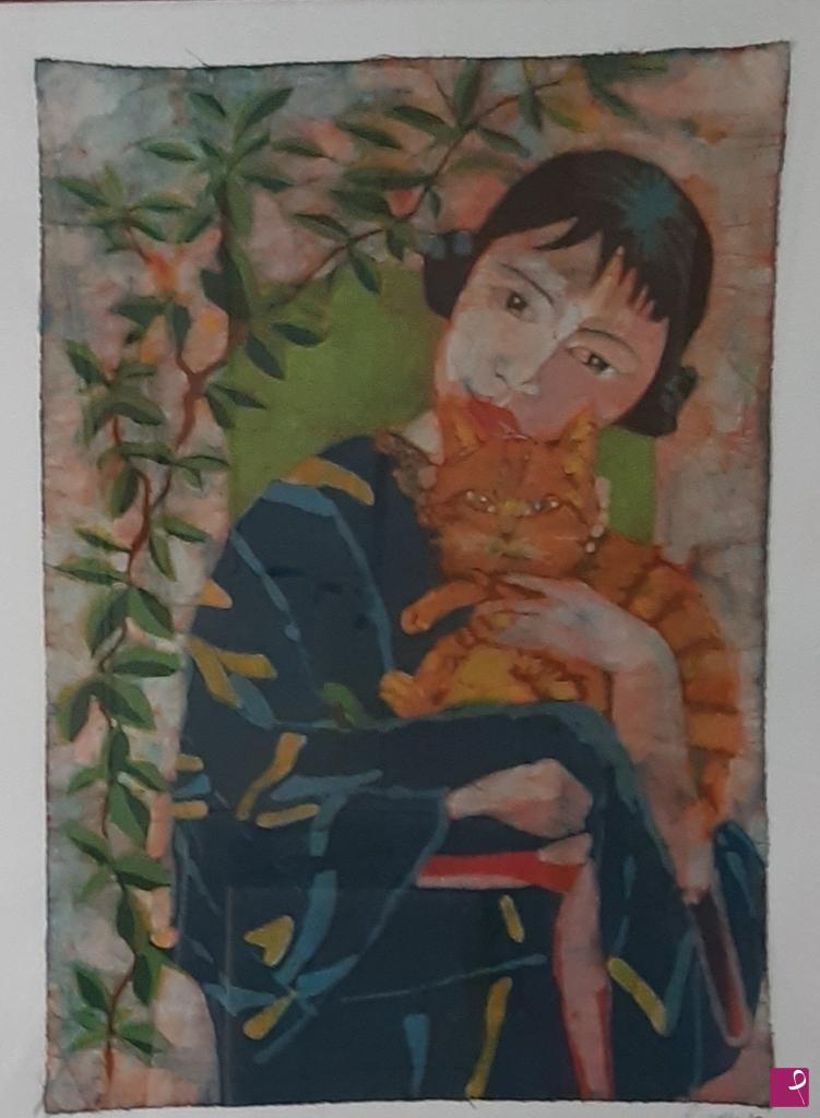 quadri in vendita online - Donna orientale con gatto