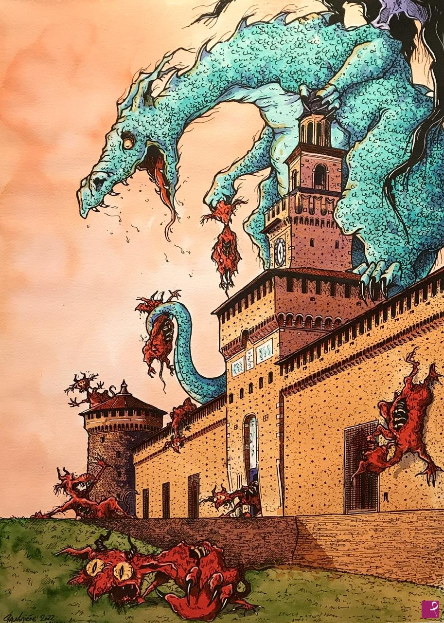 quadri in vendita online - “ Drago Sforzesco chassant les démons du château “