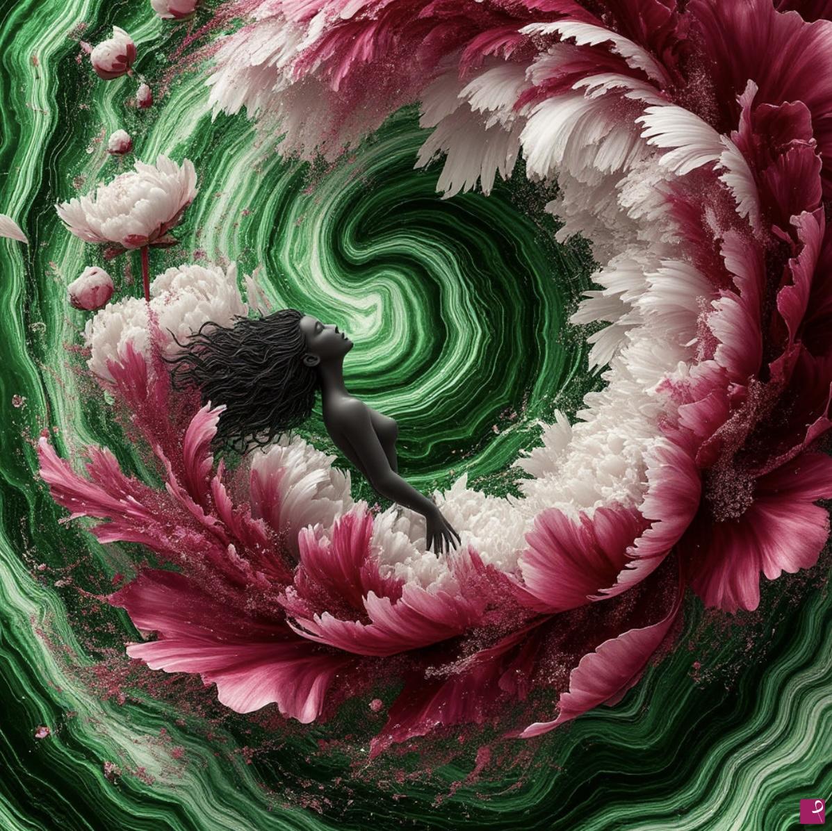 quadri in vendita online - Dream, Women, big flowers, green marble 