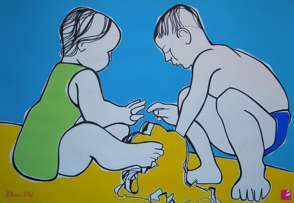 quadri in vendita online - Enfants jouant sur la plage