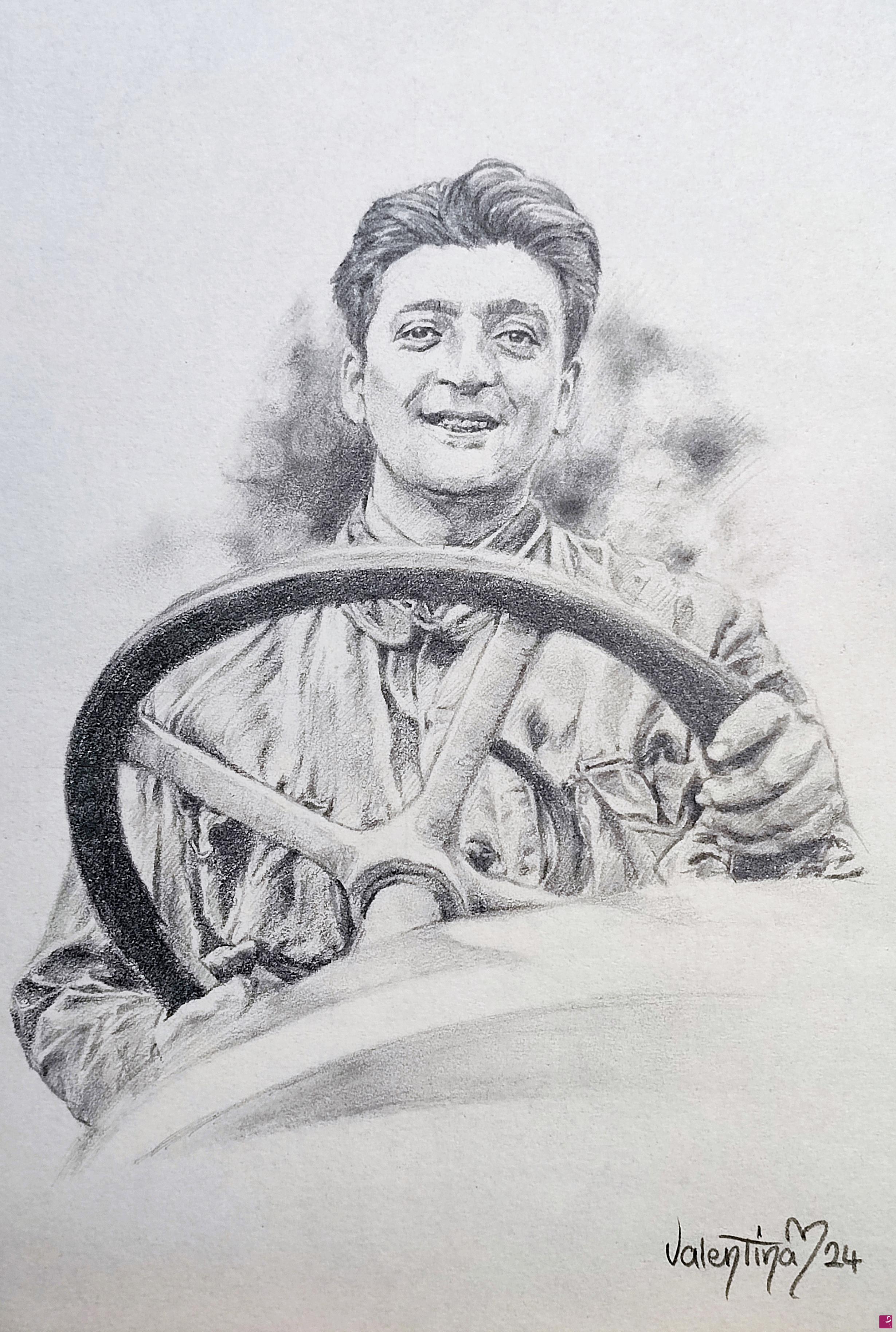 quadri in vendita online - Enzo Ferrari da giovane al volante