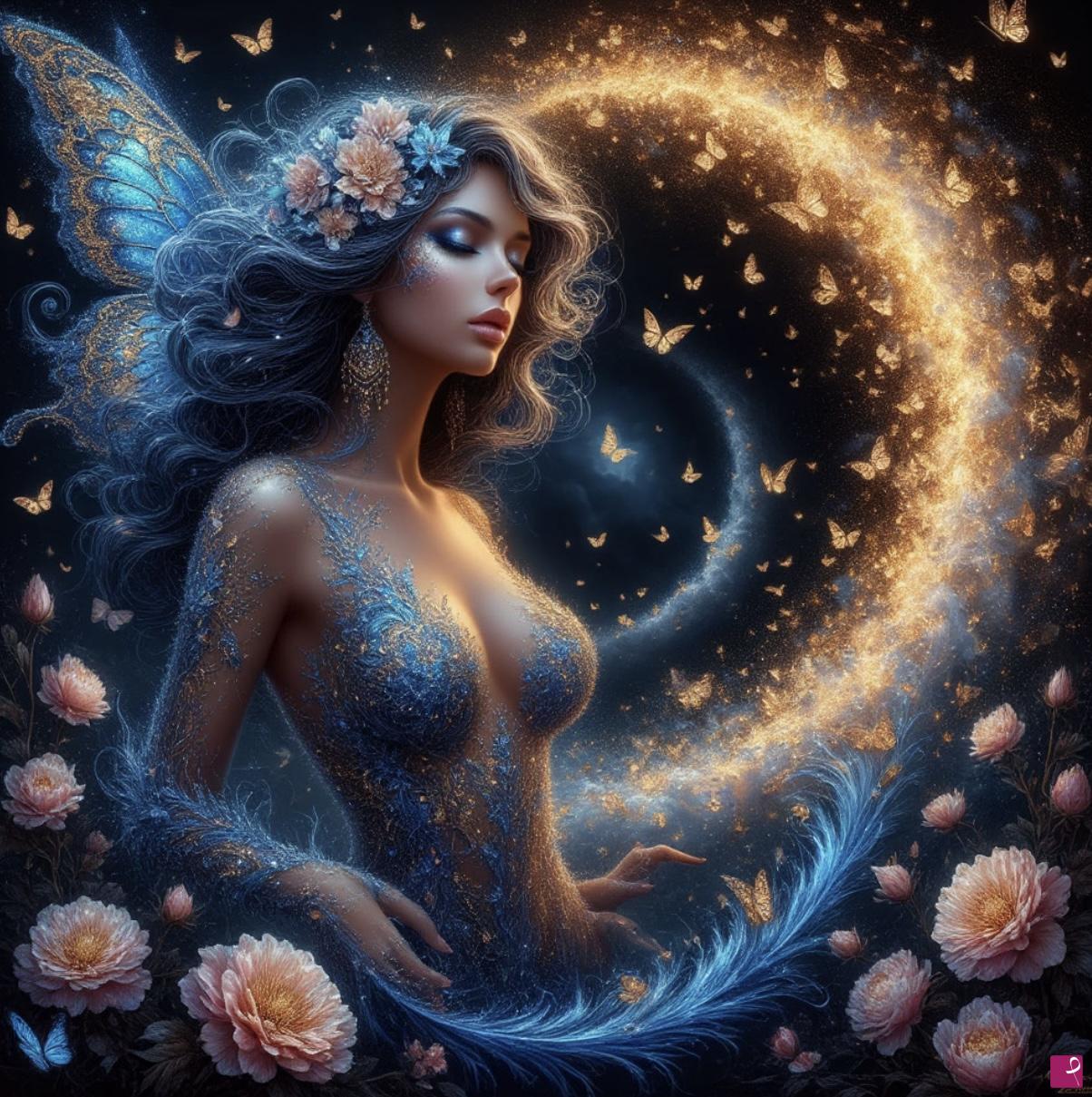 quadri in vendita online - Erotic girl, flowers, many butterflies 