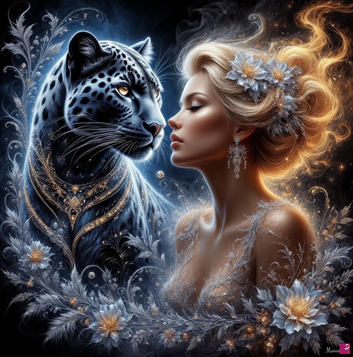 quadri in vendita online - Face to face, panther and girl 