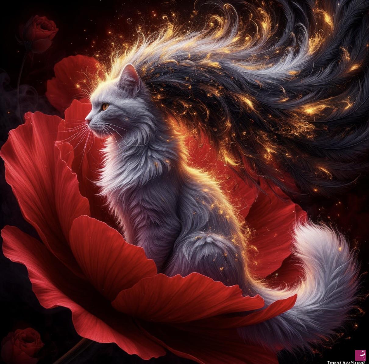 quadri in vendita online - Fantastic cat and flower 
