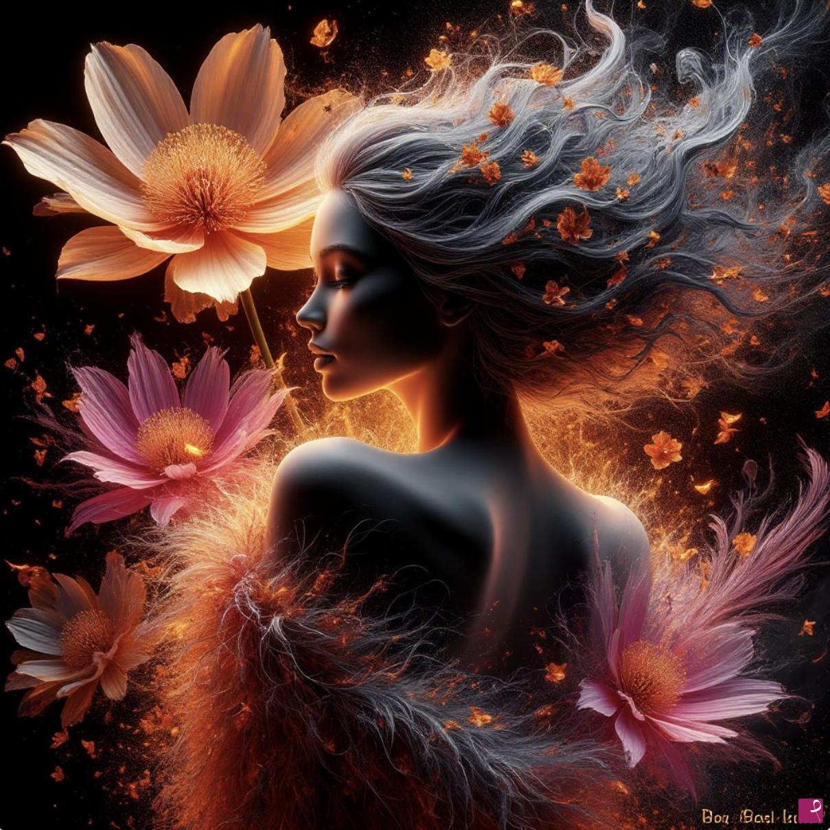 quadri in vendita online - Fantastic girl-cat and many flowers 