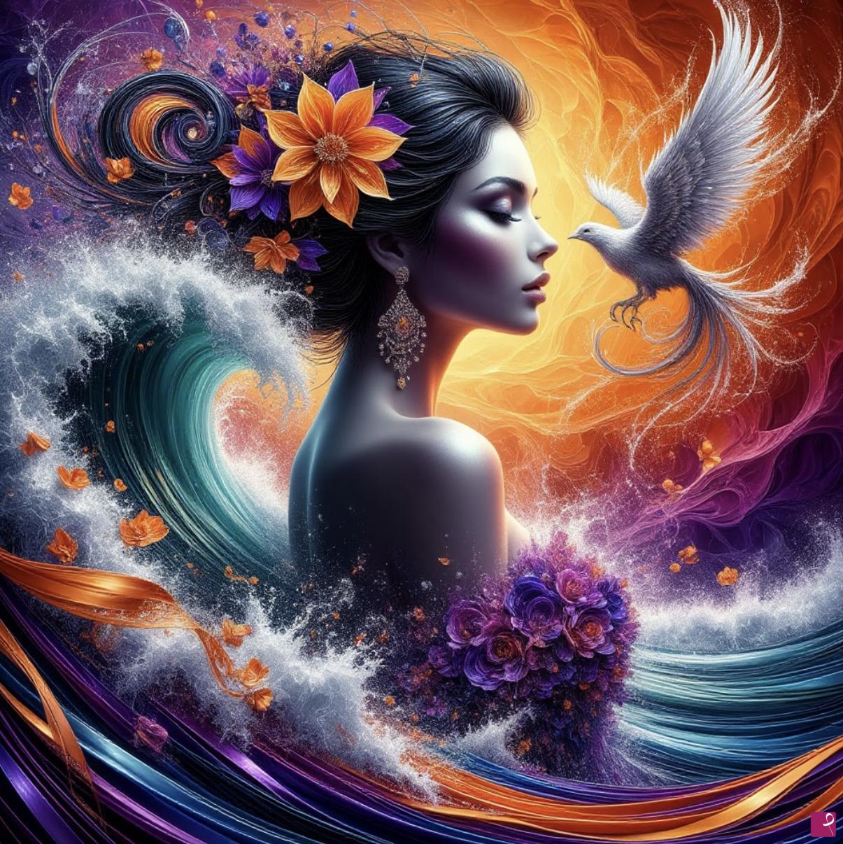 quadri in vendita online - Fantastic lady, bird and sea waves 
