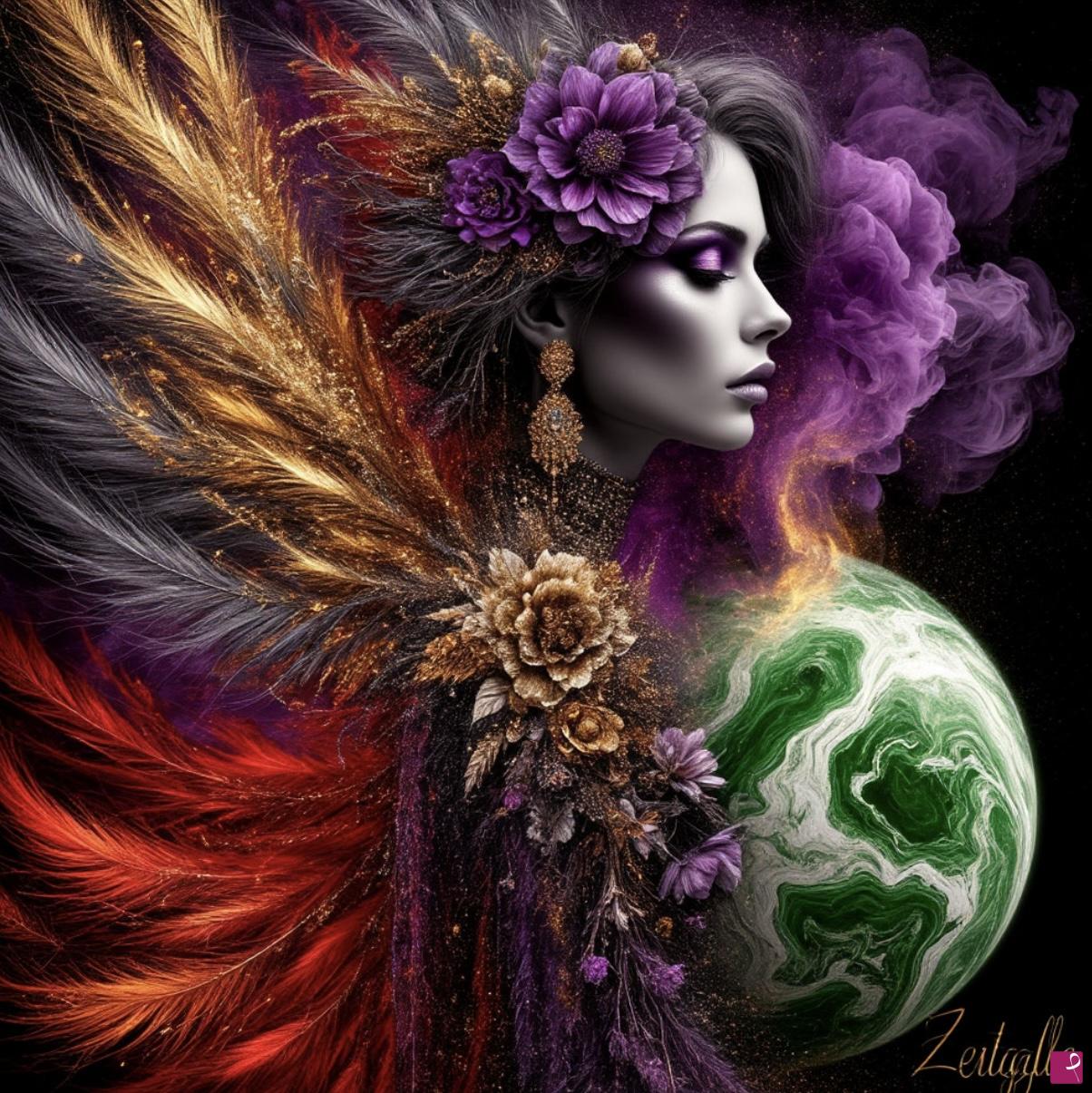 quadri in vendita online - Feathers, girl, flowers and planet 