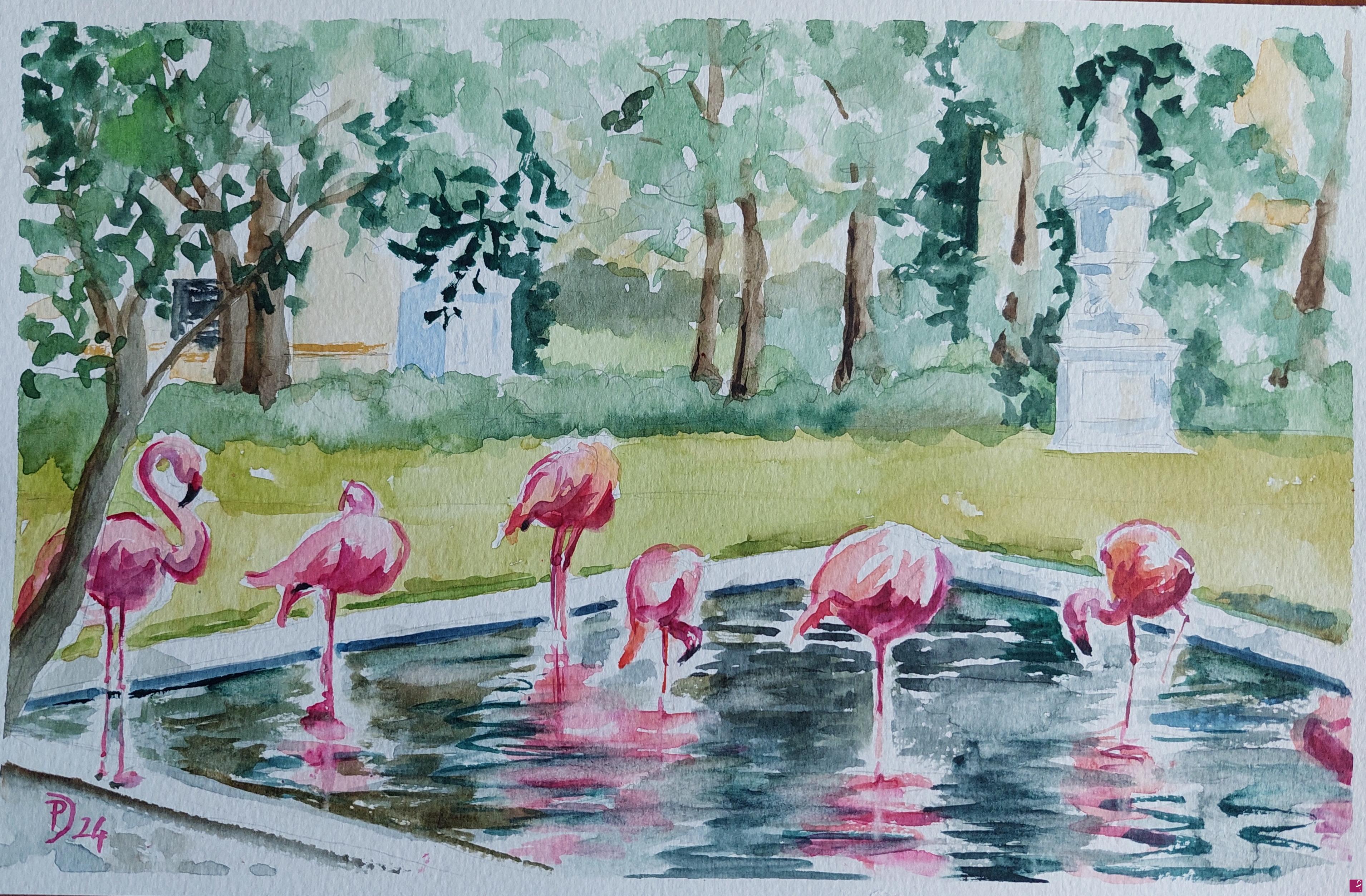 quadri in vendita online - Fenicotteri rosa in Villa