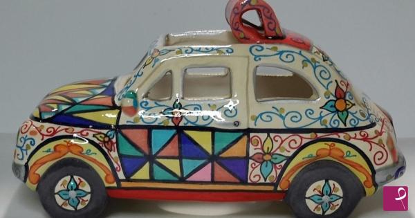 venduto quadro - FIAT 500 cabrio in ceramica artistica siciliana -  Pittore Netino