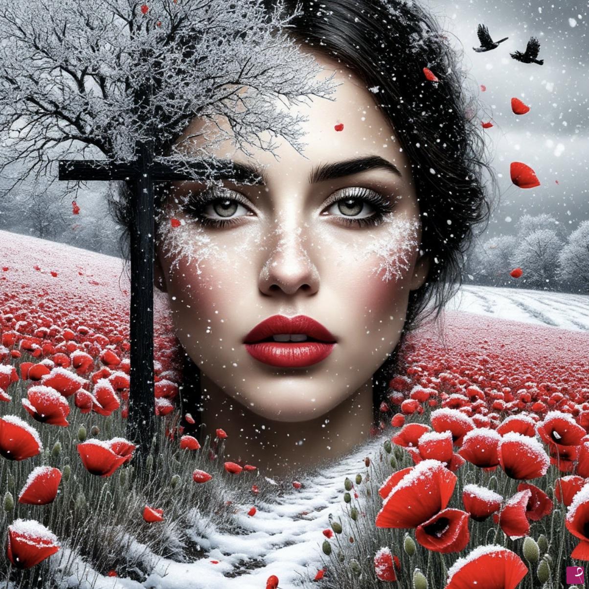 quadri in vendita online - Field of poppies, winter, girl