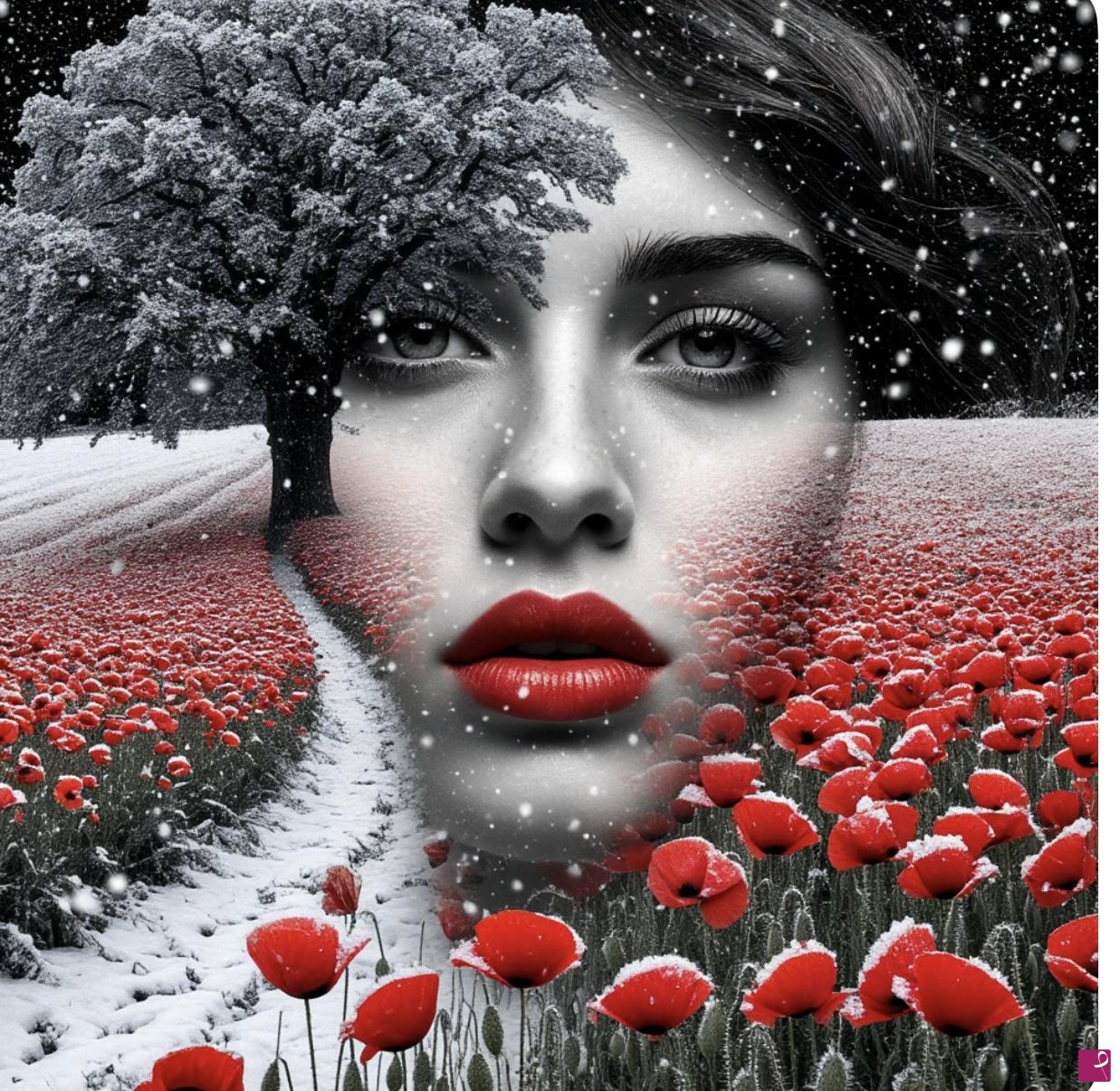 quadri in vendita online - Field of poppies, winter, girl2