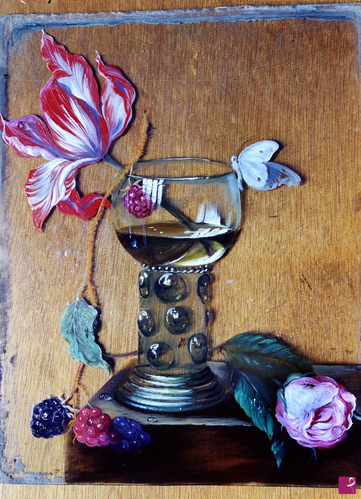 quadri in vendita online - FIORE IN UN BICCHIERE, CON FRUTTI E FARFALLA.- FLOWER IN A GLASS, WITH FRUITS AND BUTTERFLY.