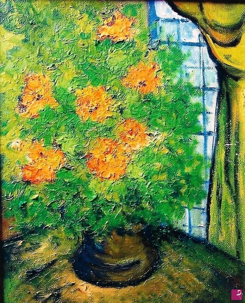 quadri in vendita online - Fiori arancioni con finestra