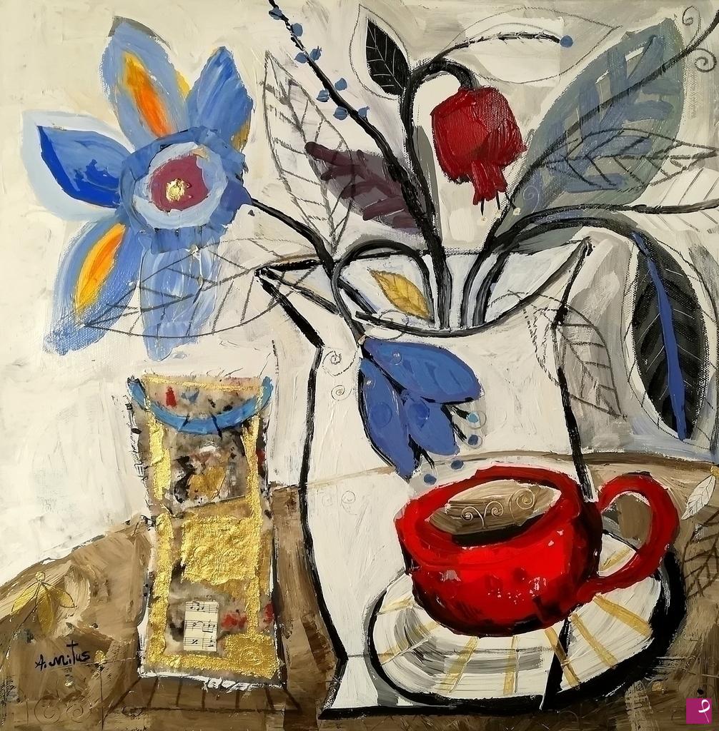 quadri in vendita online - Fiori blu con bicchiere d'oro e tazza rossa 