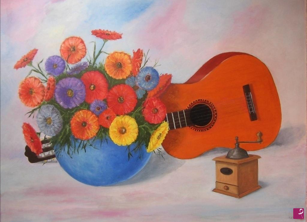 quadri in vendita online - Fiori con chitarra
