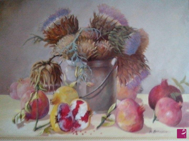 quadri in vendita online - Fiori di Carciofo con Melograni