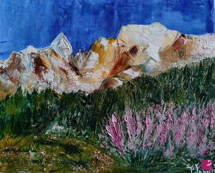 quadri in vendita online - Fiori di lillà che ammirano il Monte Bianco