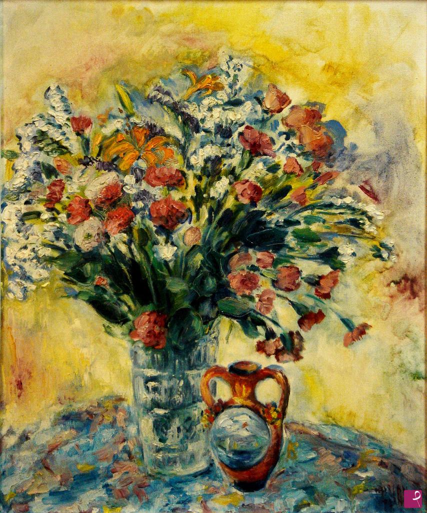 quadri in vendita online - Fiori freschi in vaso trasparente con piccola brocca siciliana