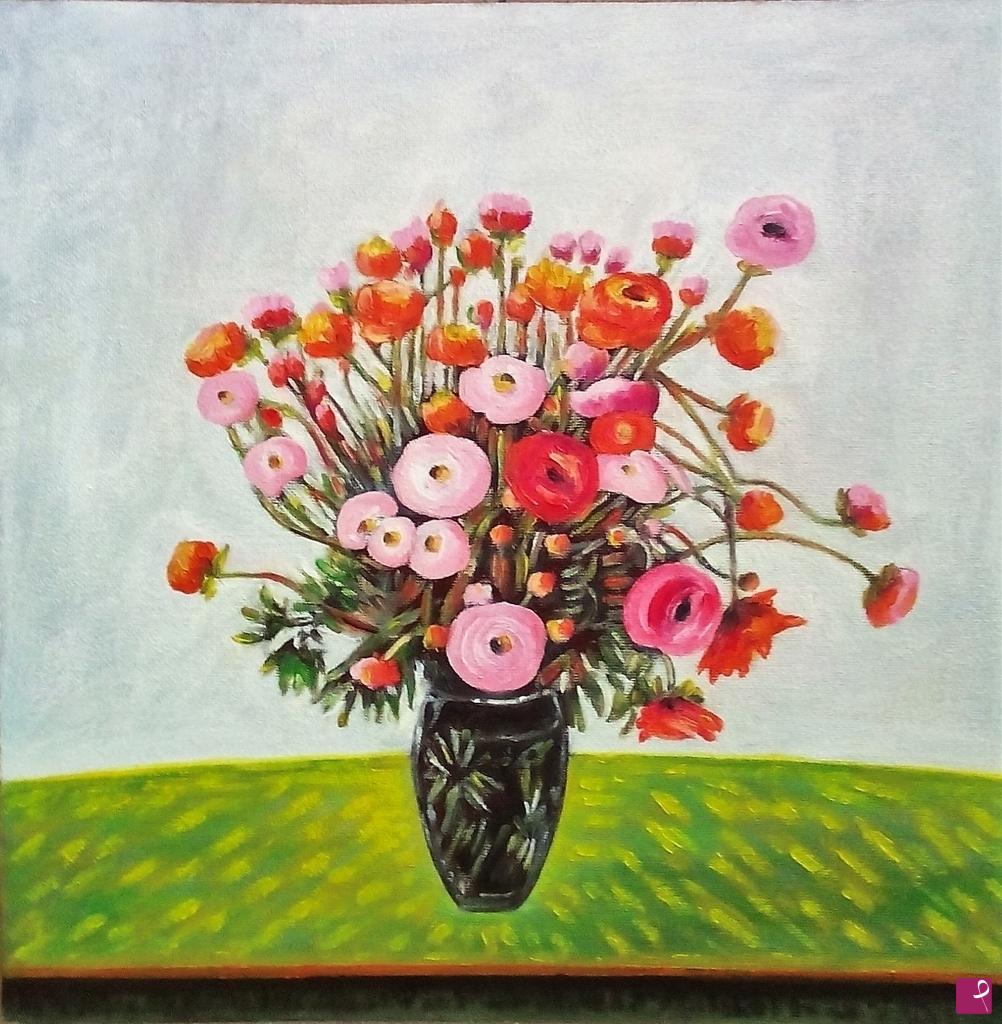 quadri in vendita online - FIORI IN VASO TAVOLO VERDE (2017)