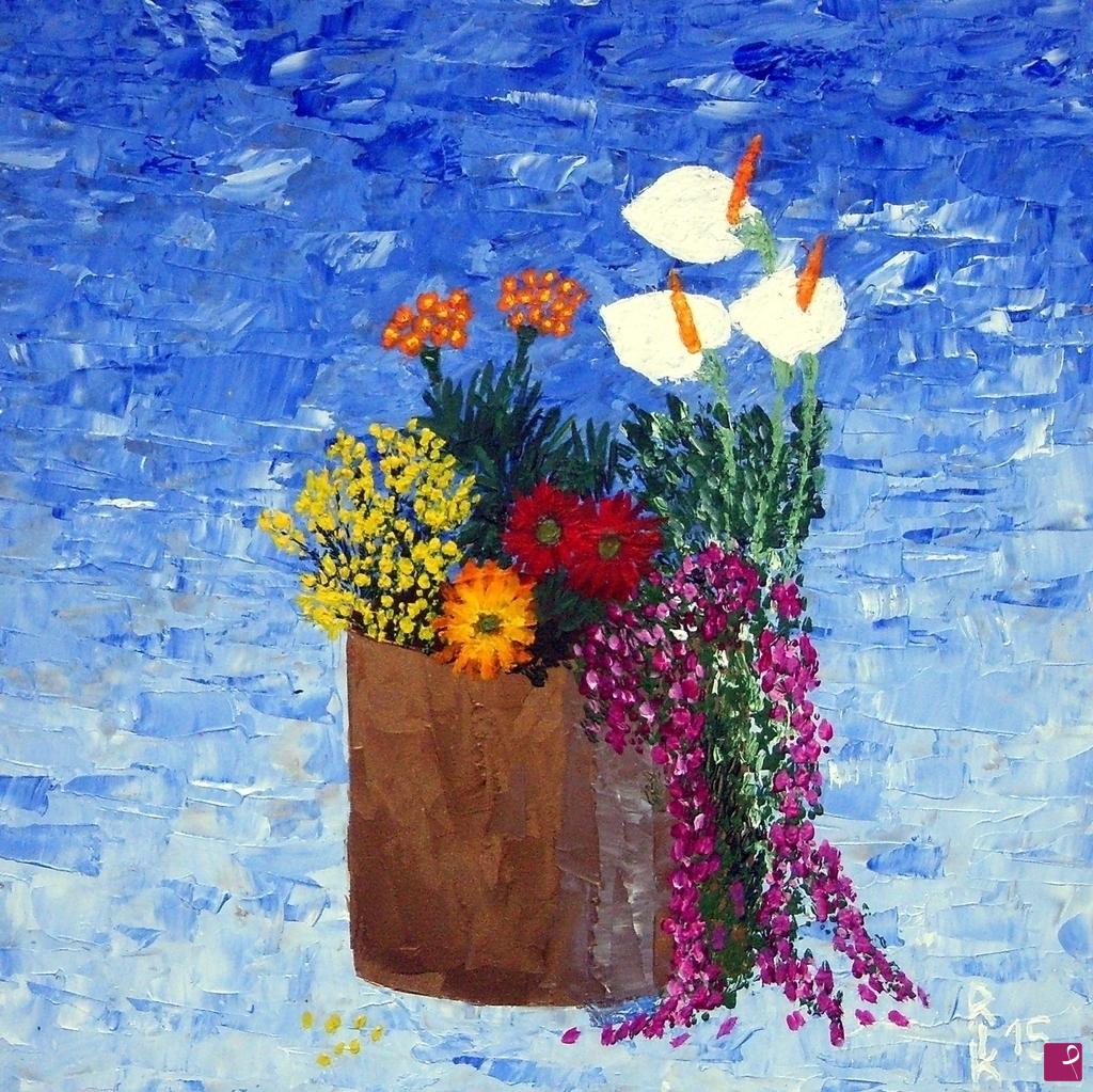 quadri in vendita online - FIORI SU FONDO AZZURRO