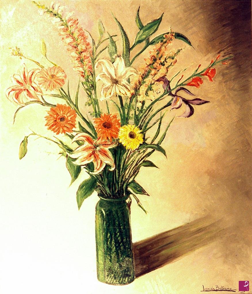 quadri in vendita online - FIORI SU VASO VERDE DI MURANO