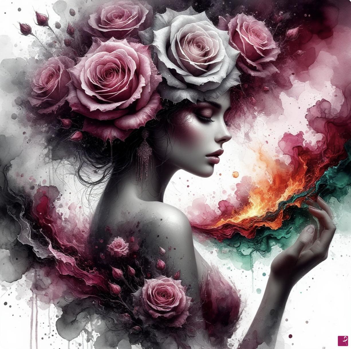 quadri in vendita online - Fire and woman in roses 