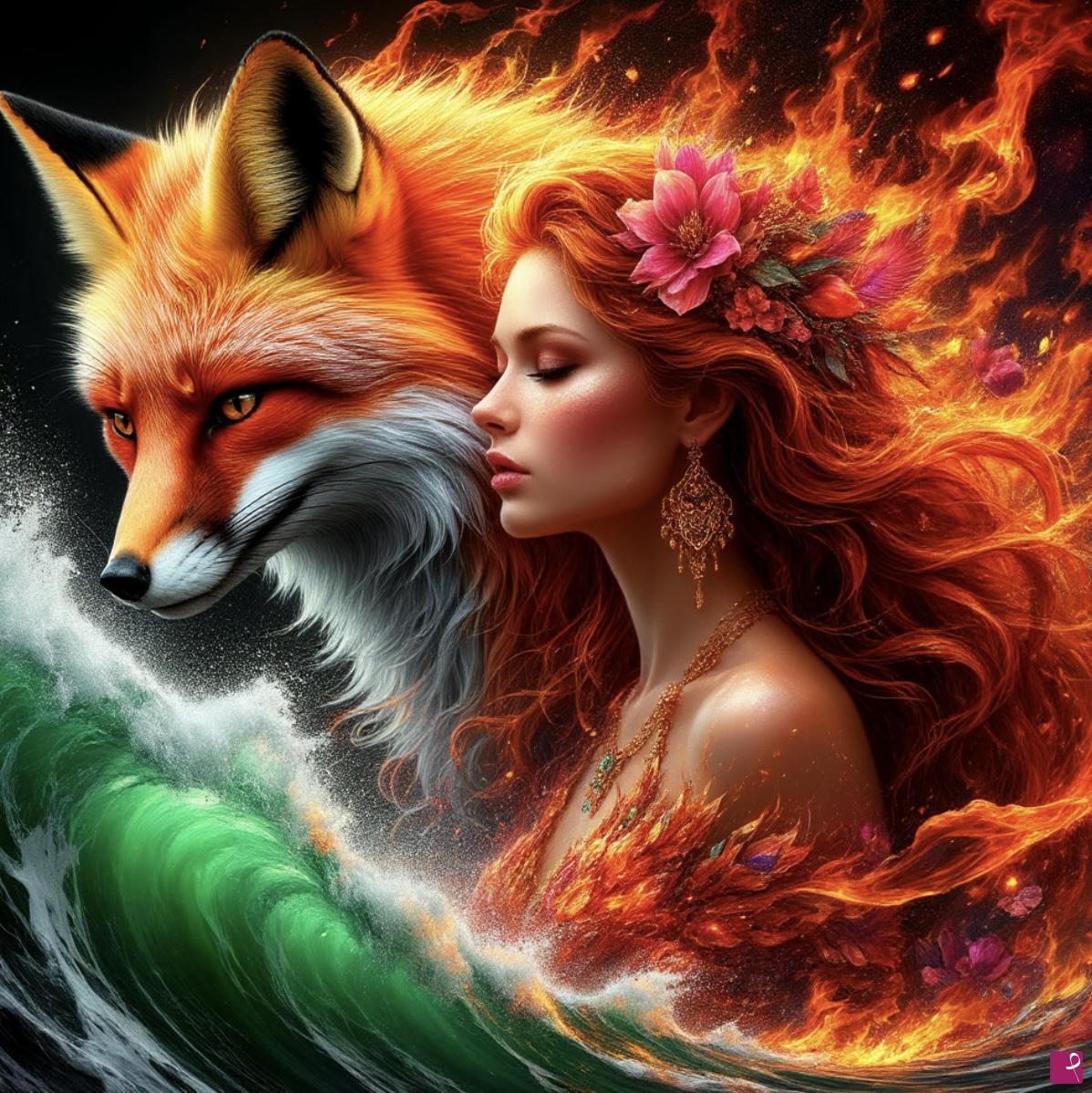 quadri in vendita online - Fire, Fox and girl 