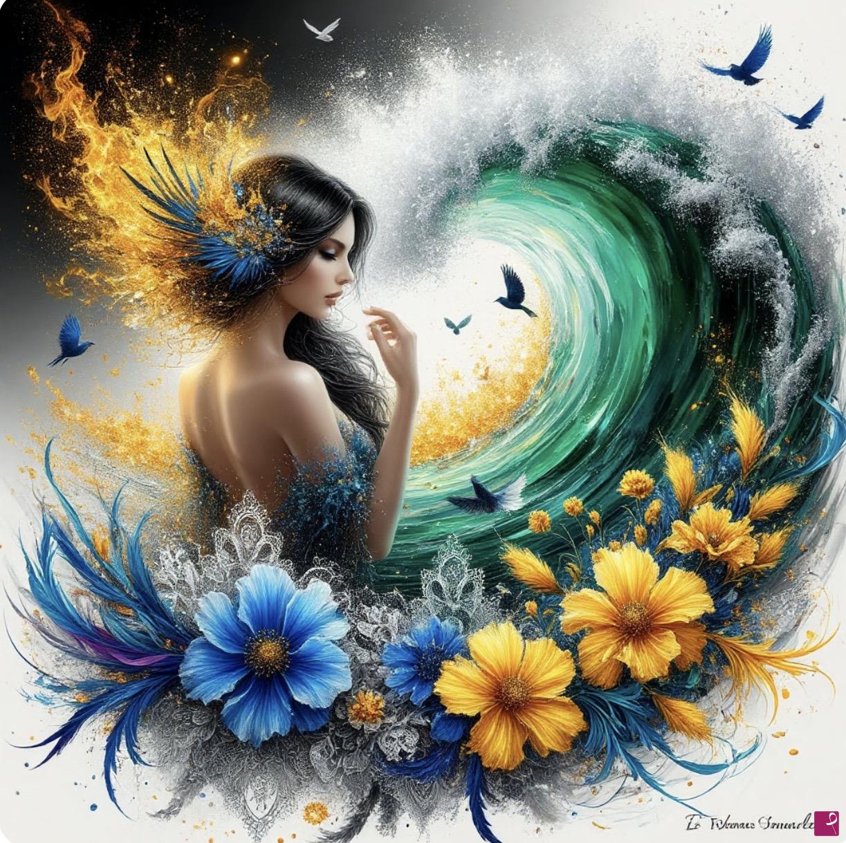 quadri in vendita online - Fire, girl, flowers, waves 