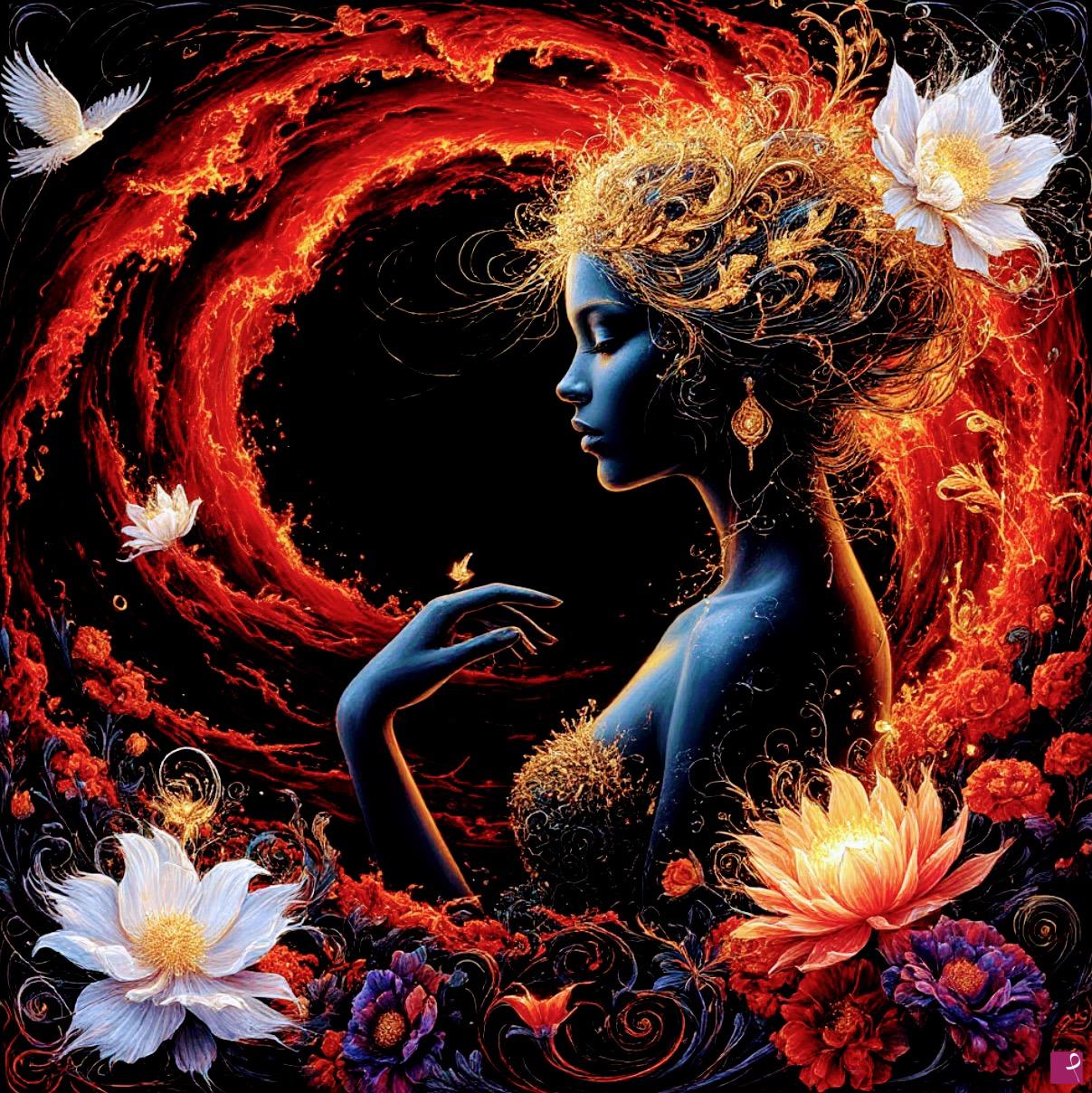 quadri in vendita online - Fire tornado, girl, many flowers 