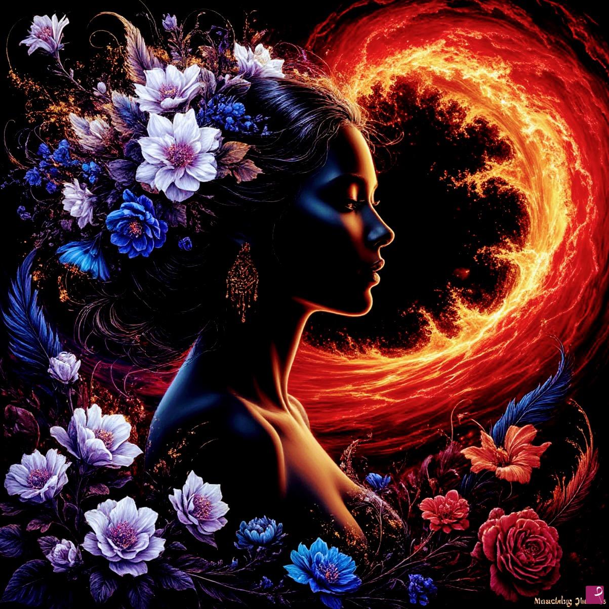 quadri in vendita online - Fire wave, woman, flowers 