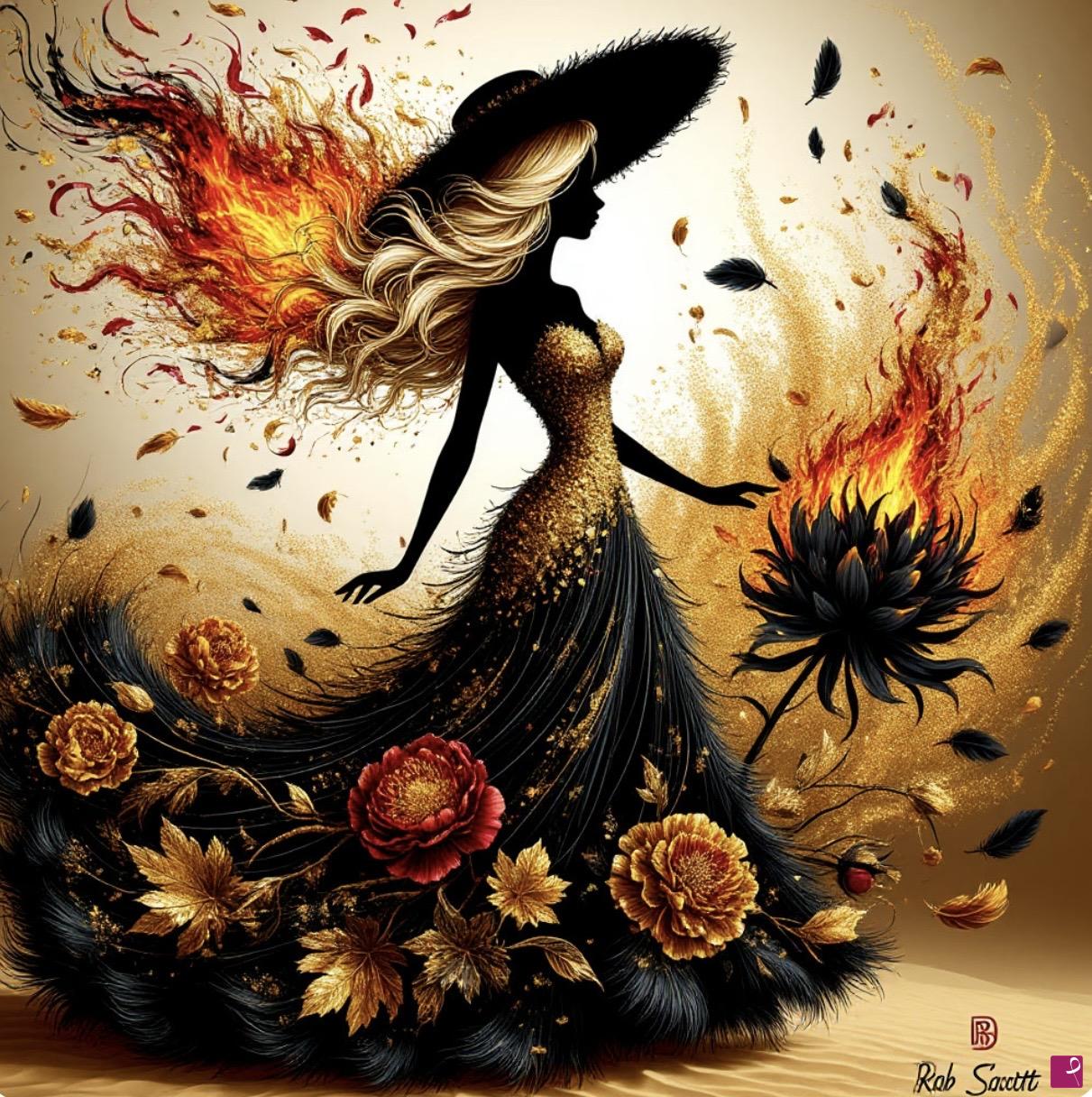 quadri in vendita online - Fire, woman in dress with peony’s flowers 