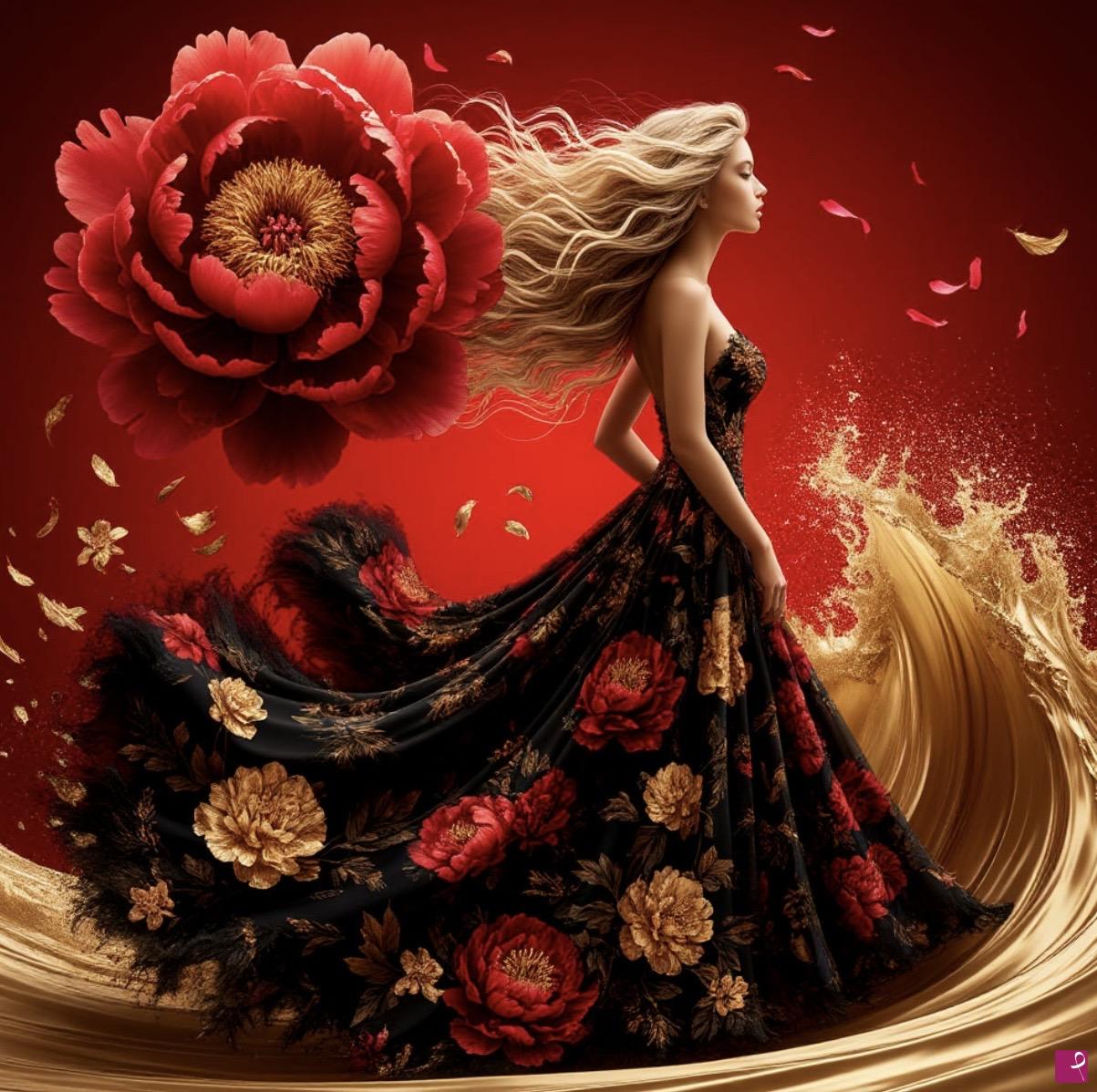 quadri in vendita online - Flower and woman in dress 