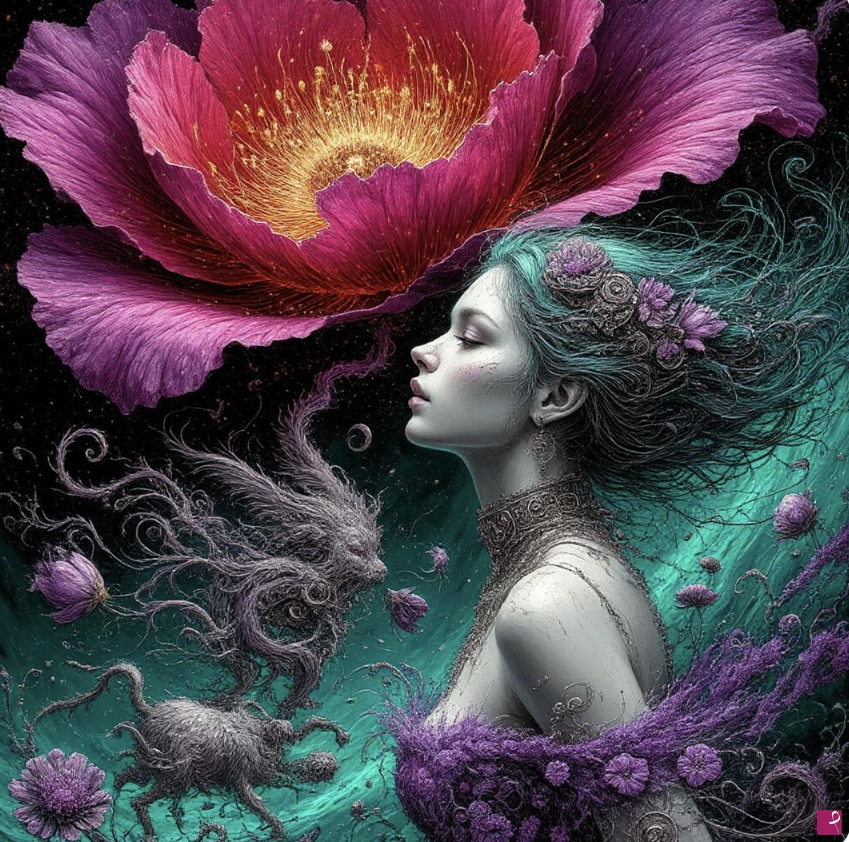 quadri in vendita online - Flower and women, fantastic animals 