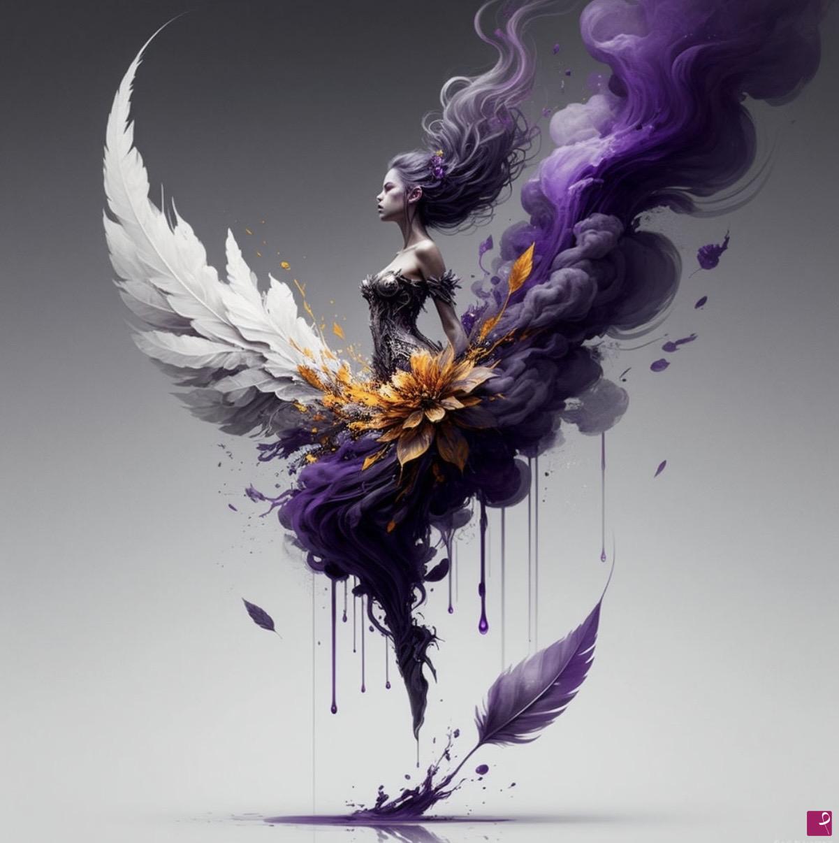 quadri in vendita online - Flower from leaves and colored smoke and girl 