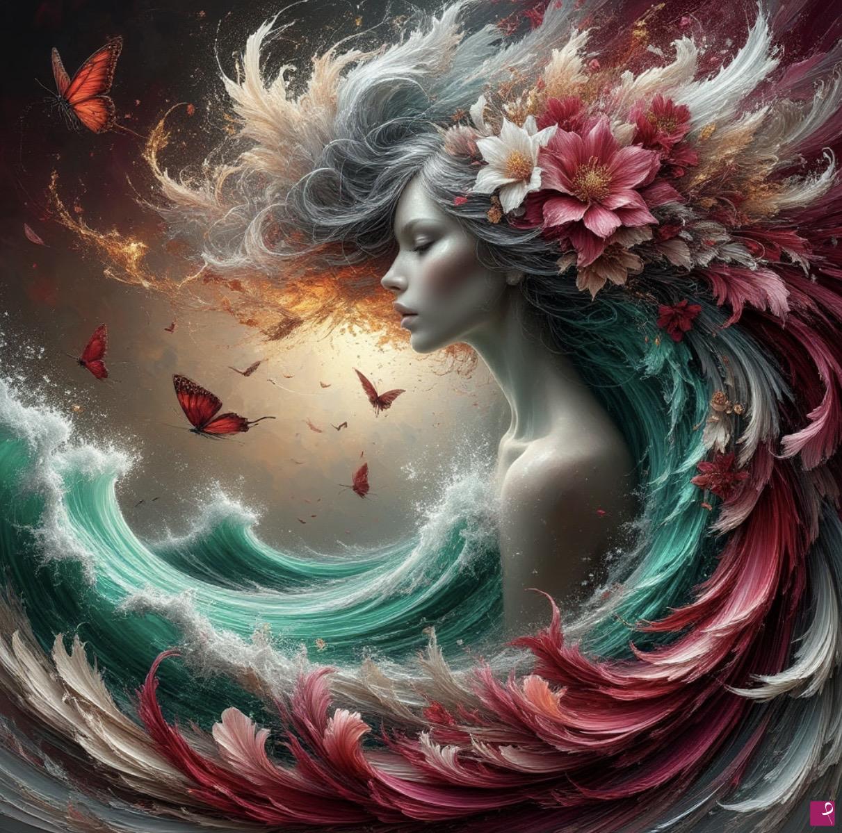 quadri in vendita online - Flowers a tsunami around a beautiful girl