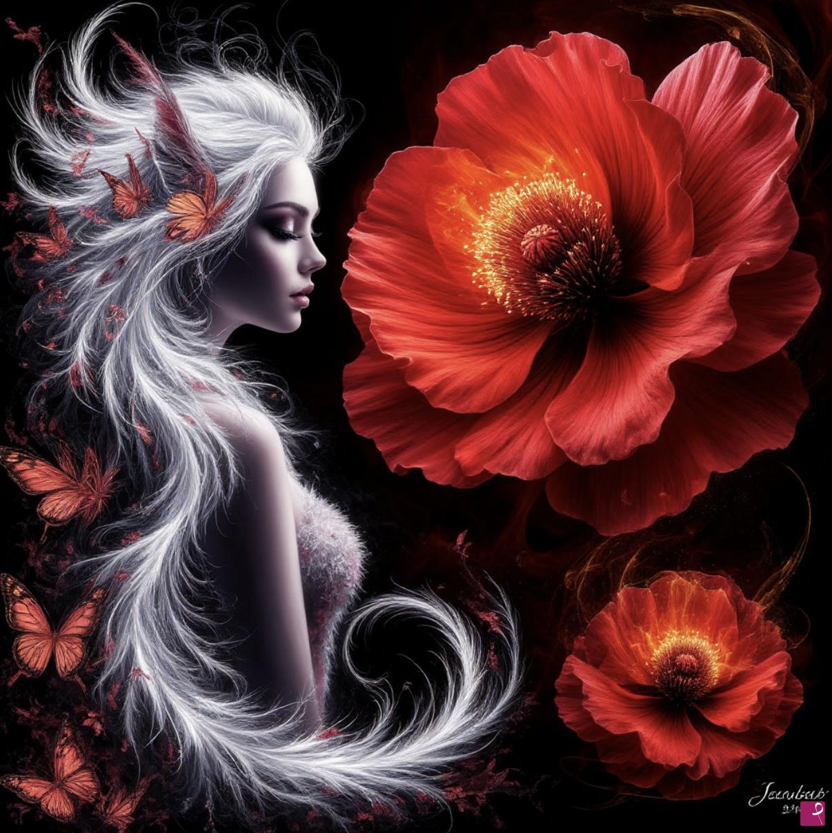 quadri in vendita online - Flowers and girl, butterflies 