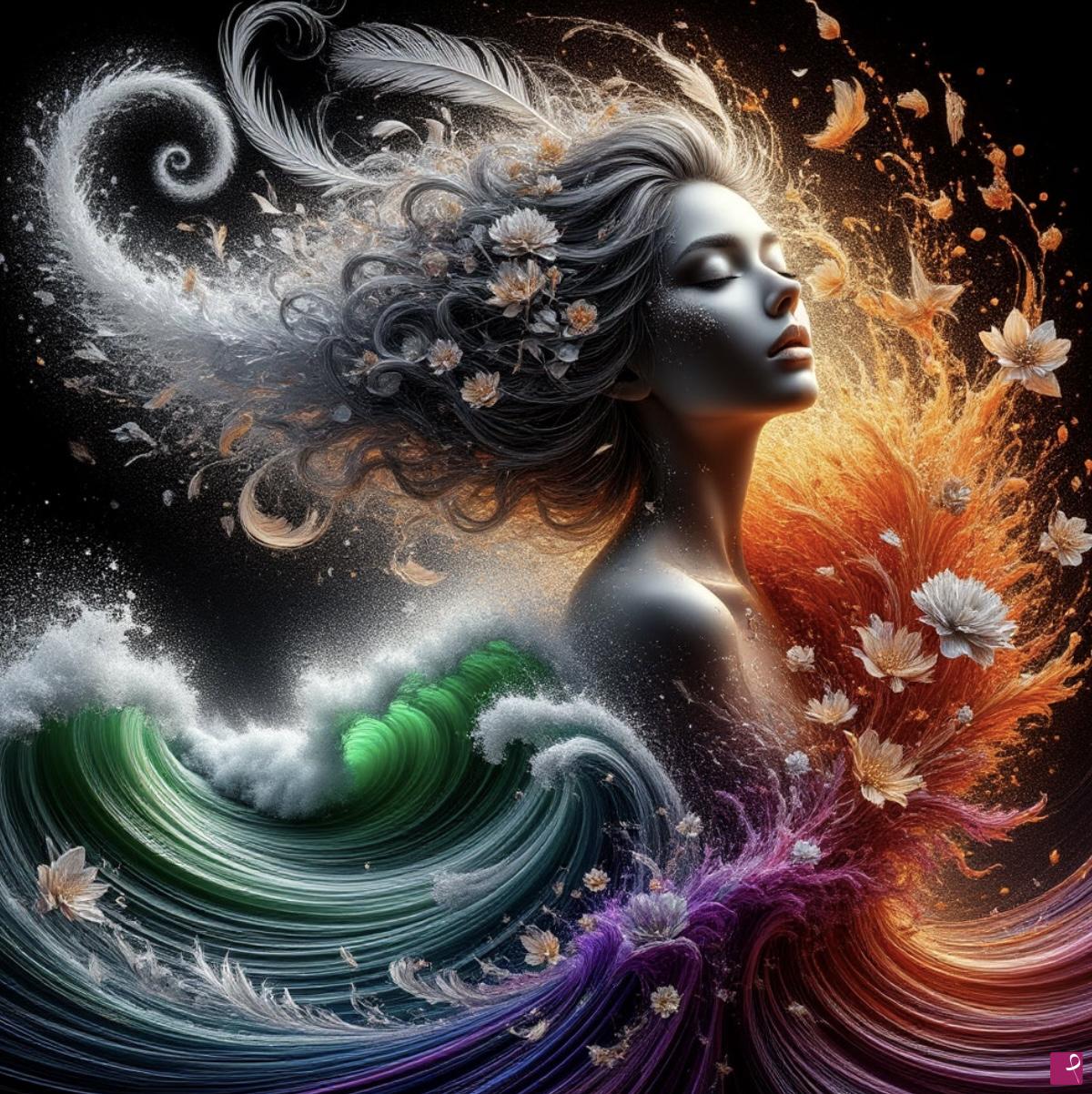 quadri in vendita online - Flowers, girl and sea waves 