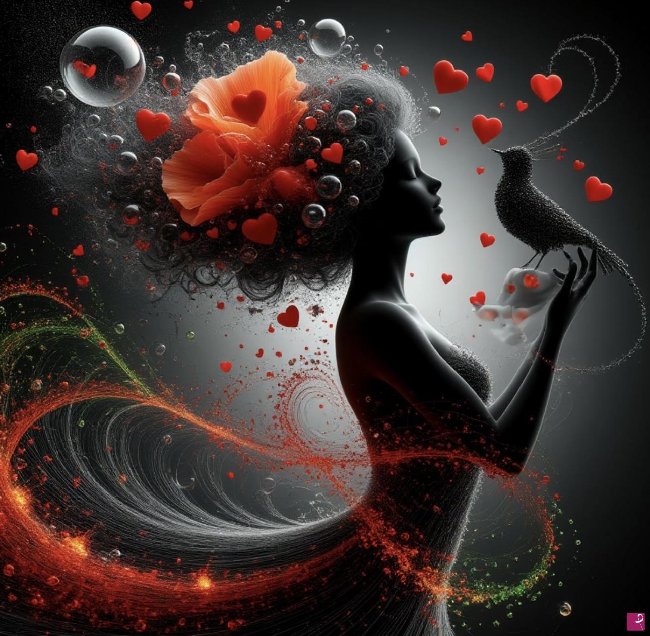 quadri in vendita online - Flowers in head, bird, many hearts 