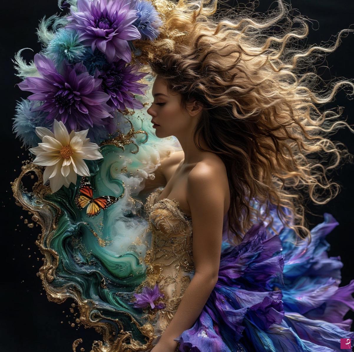 quadri in vendita online - Flowers, strong wind and girl 