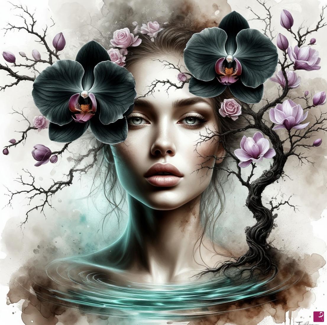 quadri in vendita online - Flowers tree and woman 