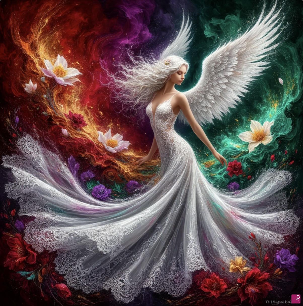 quadri in vendita online - Flowers, woman-angel in white dress 
