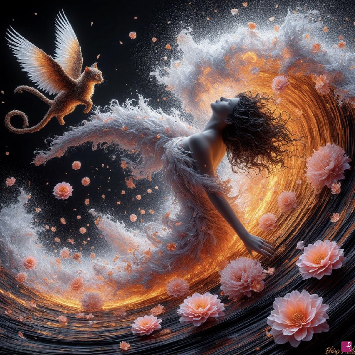 quadri in vendita online - Fly cat and sea waves from flowers