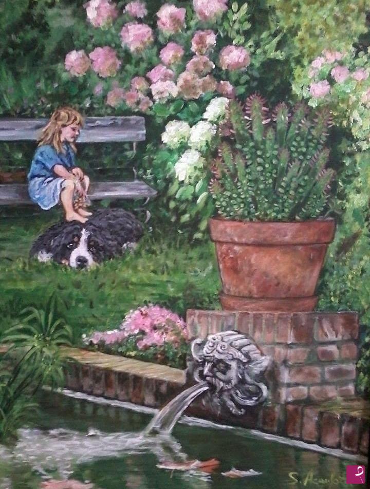 quadri in vendita online - fontana in giardino