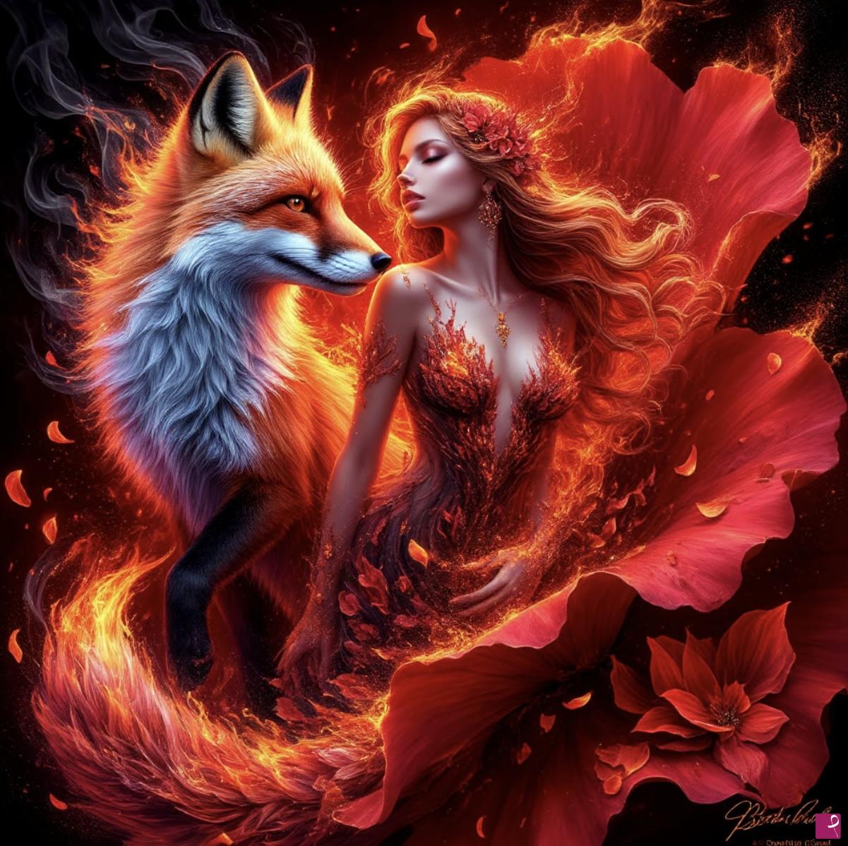 quadri in vendita online - Fox and girl from big flower 