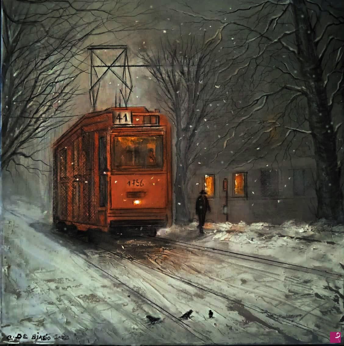 quadri in vendita online - freddo a Milano.tram mattina  presto