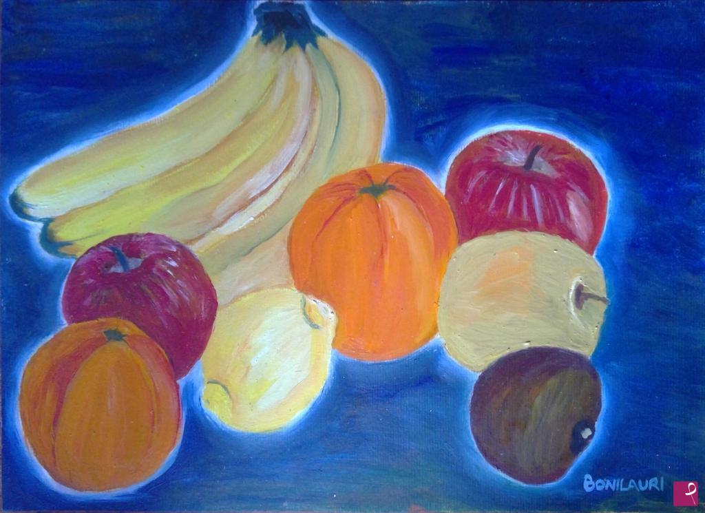 quadri in vendita online - Frutta con tovaglia blu