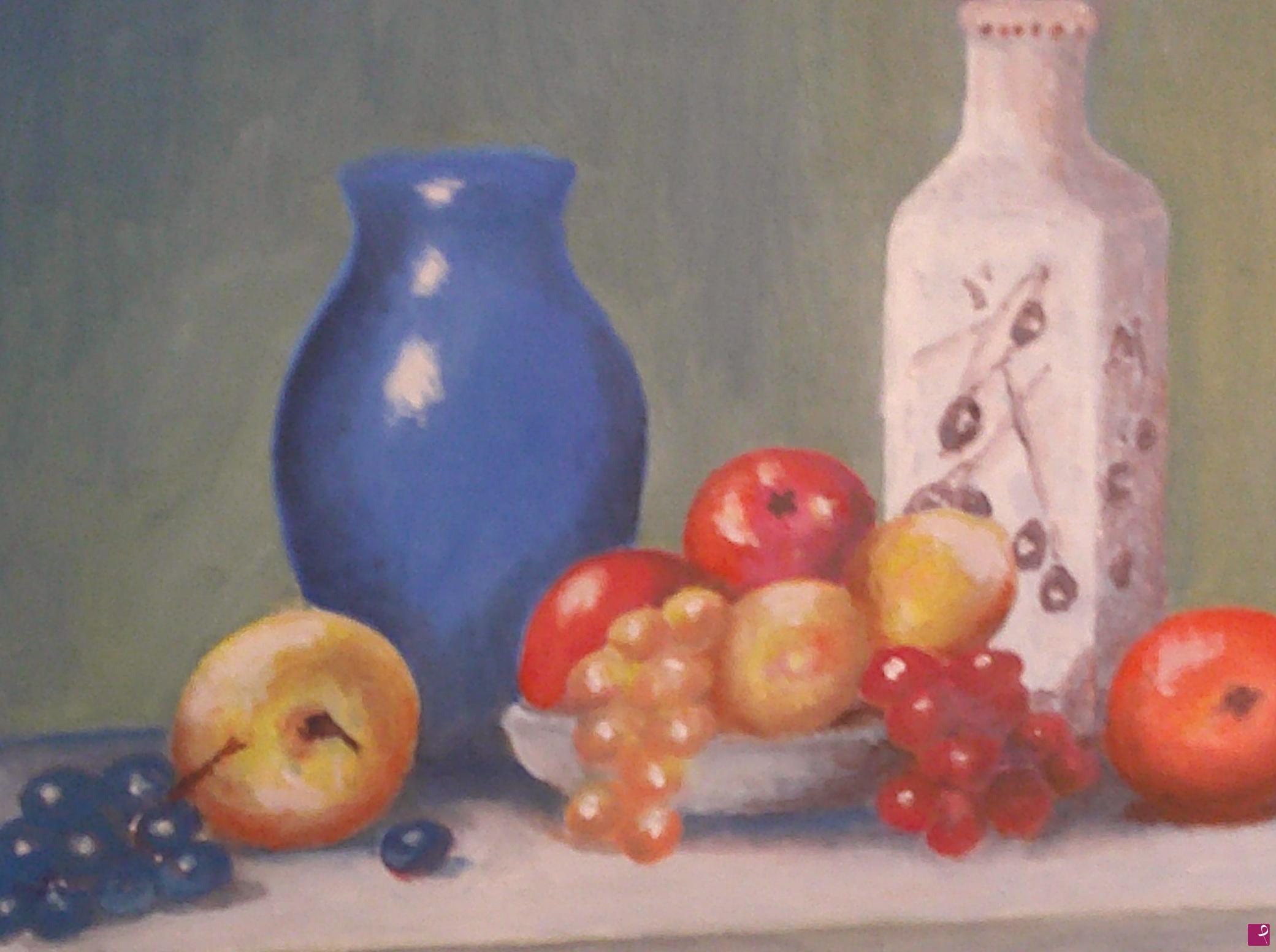 quadri in vendita online - Frutta con vaso blu e bottiglia d'olio